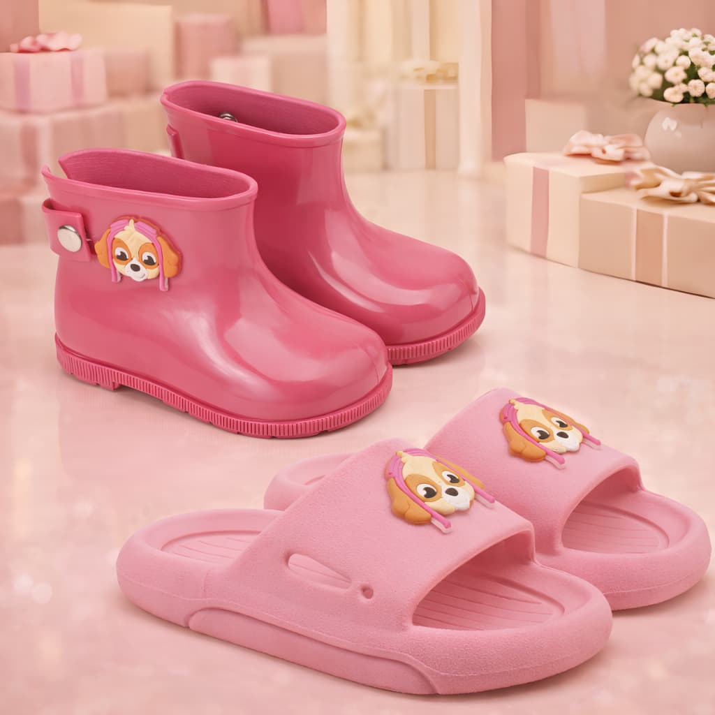 Kit 2 Em 1 Galocha Impermeável Infantil Com Slide Nuvem Menina Kids Patrulha Marca Nexa