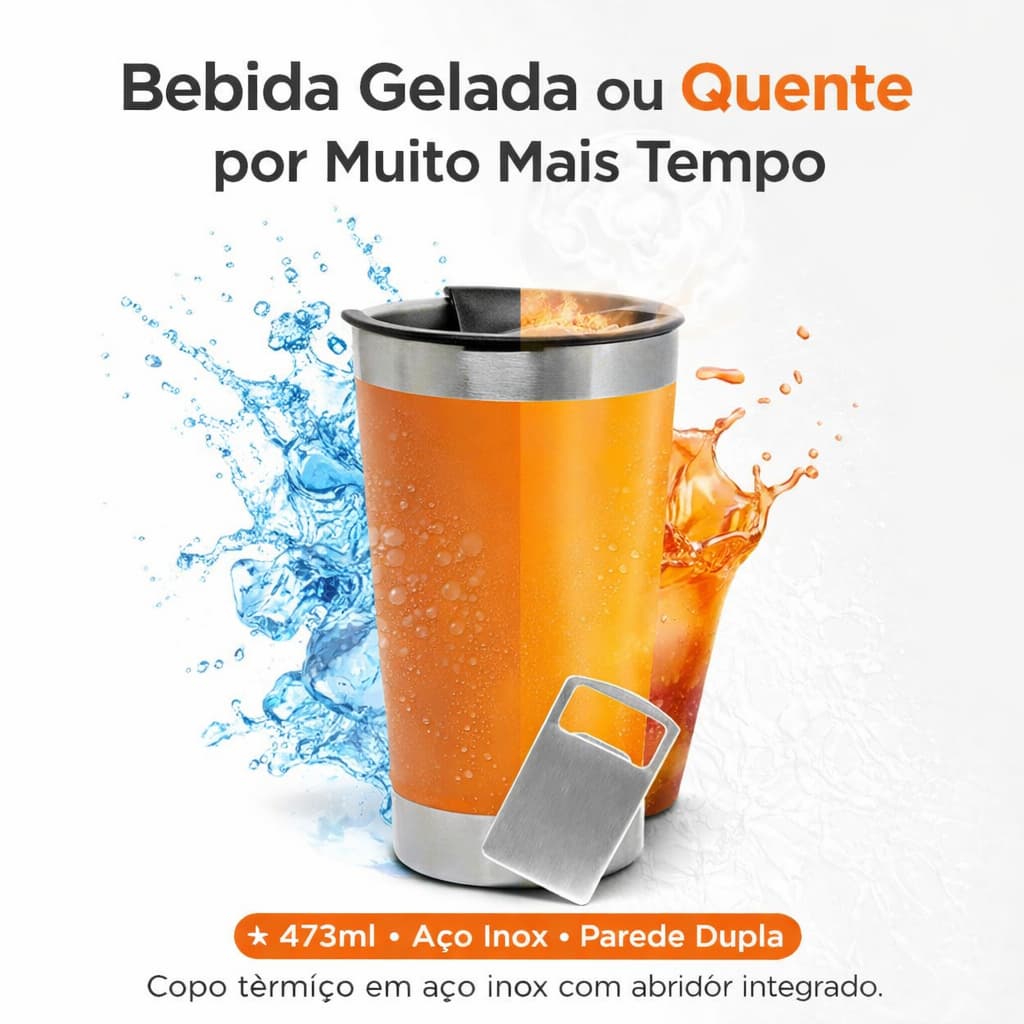 Copo Térmico Inox 473ml com Tampa e Abridor Parede Dupla Bebida Gelada ou Quente Laranja