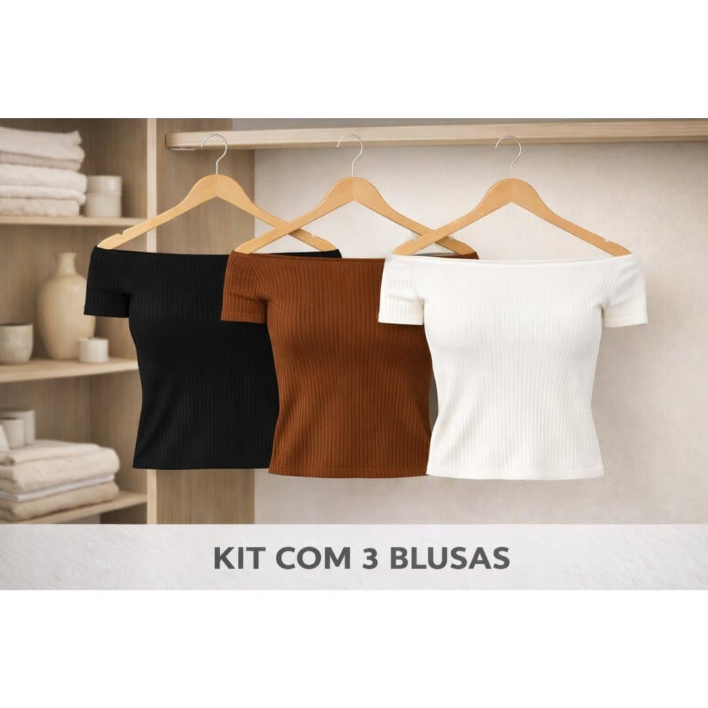 Kit 3 Blusas Ombro a Ombro em Ribana Canelada