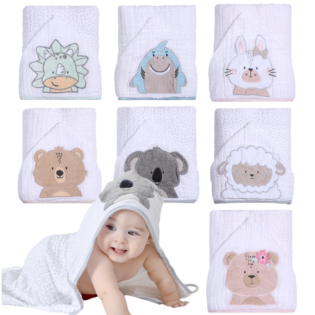 Toalha de Banho Bebê Soft com Capuz Bordado Bichinhos Papi Friends 90x75cm 3 Camadas