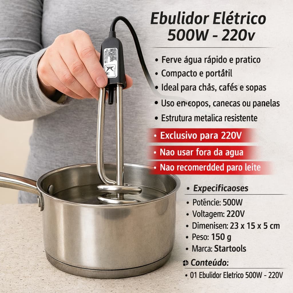 Ebulidor Elétrico 500W Portátil  Ferve Água Café Chá  220V Viagem Camping