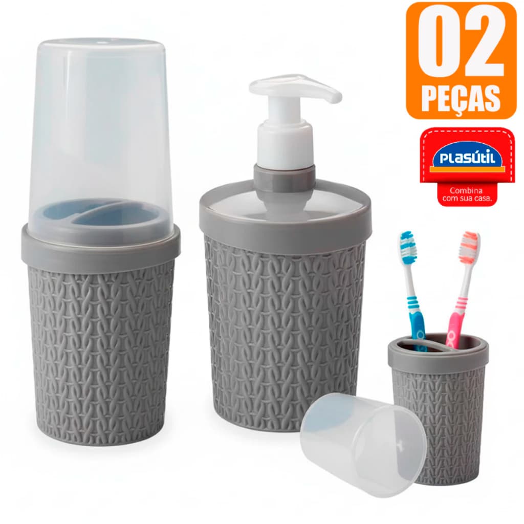 Kit Porta Sabonete para Banheiro Lavabo Ratan Cor Cinza - Sabonete Líquido Porta Escova