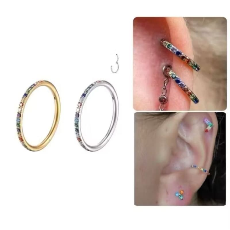 Piercing Argola Clicker Titânio G23 Dourado Cravejado Zircônias Coloridas Septo Orelha Nariz Hipoalergênico