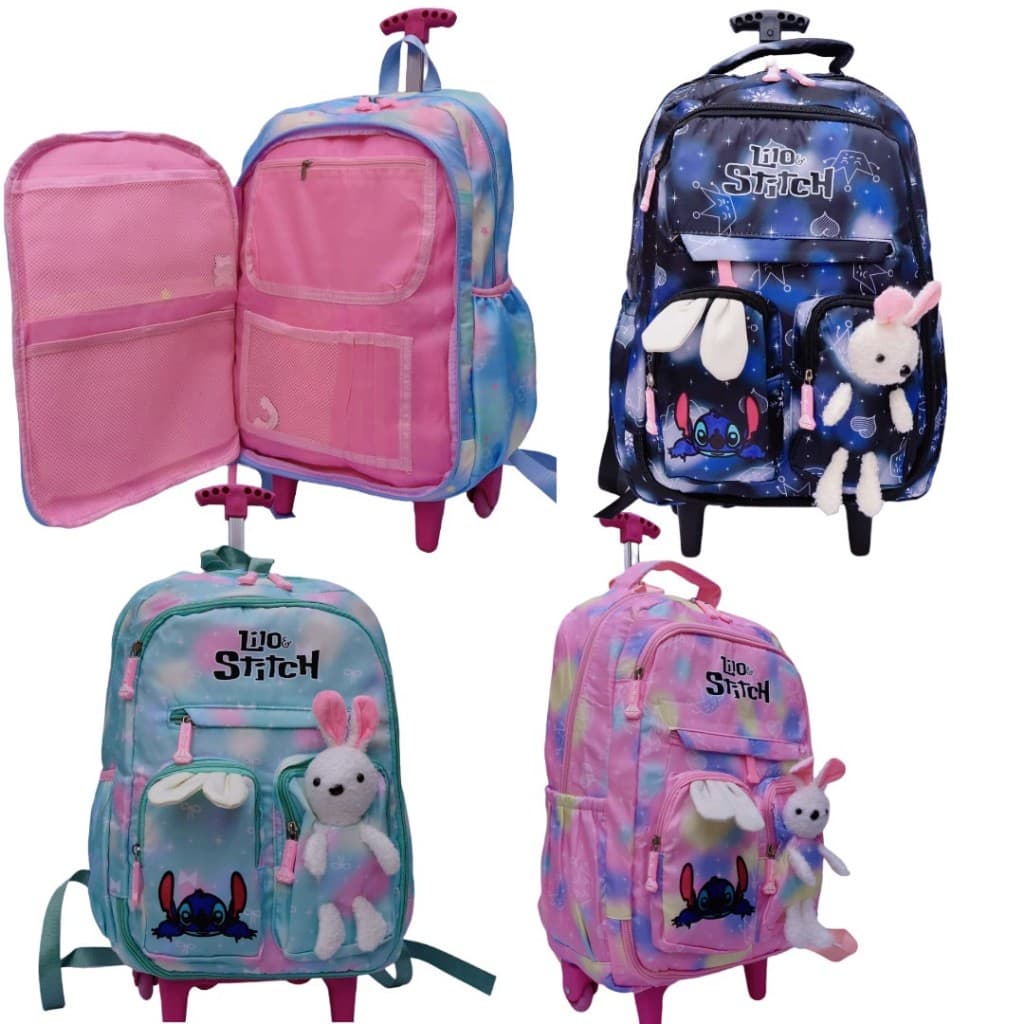 Mochila Escolar Infantil Menina com Rodinhas 45cm Lilo Stitch com Ursinho Grande