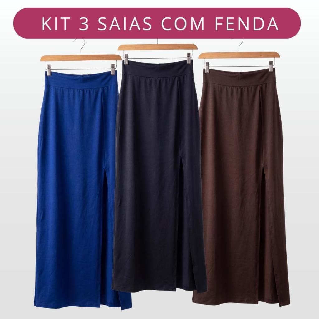 KIT 3 Saia com Fenda Longa Feminina Suplex Poliéster Longuete