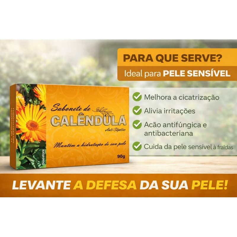Kit 3 Sabonetes de Calêndula 90g  Anti-Séptico Natural, Cicatrizante e Hidratante para Pele Sensível