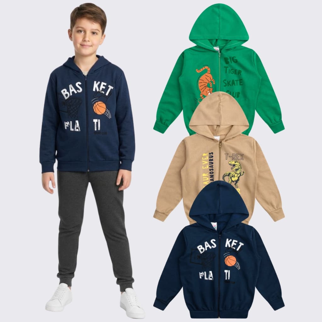 Kit 3 Jaqueta Moletom Infantil Juvenil Menino Ziper Algodão