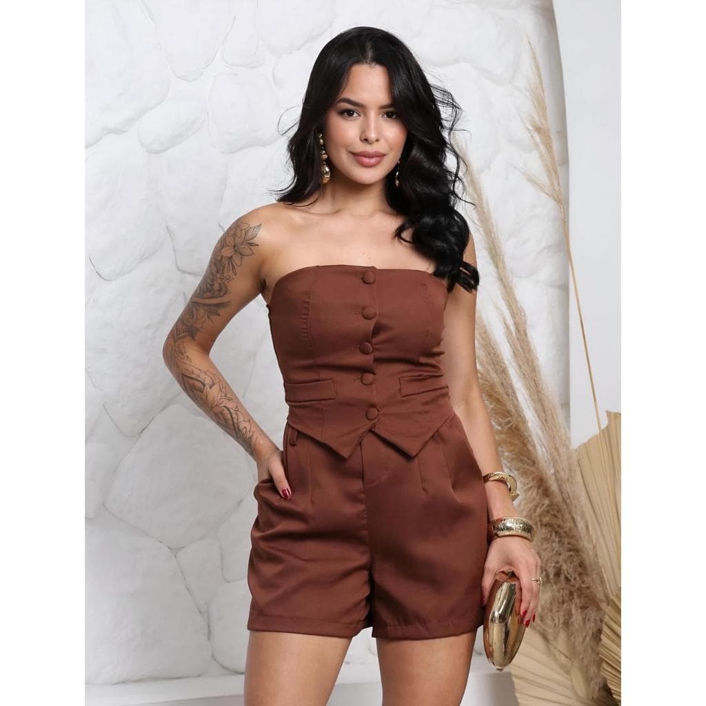 Conjunto Feminino Alfaiataria Cropped Top Tomara que Caia + Short Elegante Moda Feminina Blogueira