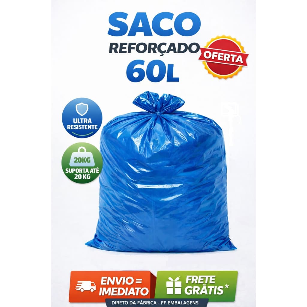 Saco de Lixo 60 Litros Azul Reforçado – Pacote com 25 Unidades Alta Resistência