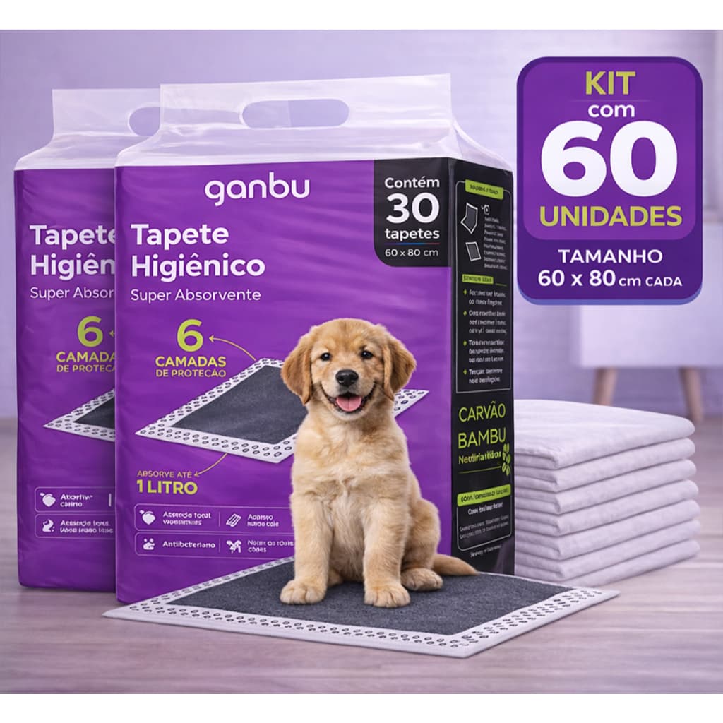 Tapete Higiênico Pet Carvão Ativado kit 60 Unidades Ganbu Super Absorvente Cachorro Gato Treinamento