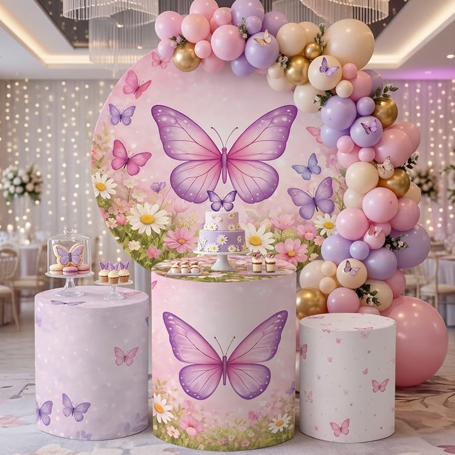 Capa Painel Redondo 1.50m + Trio Cilindro Decoração Infantil Jardim Encantada Borboletas Novidade Bibi