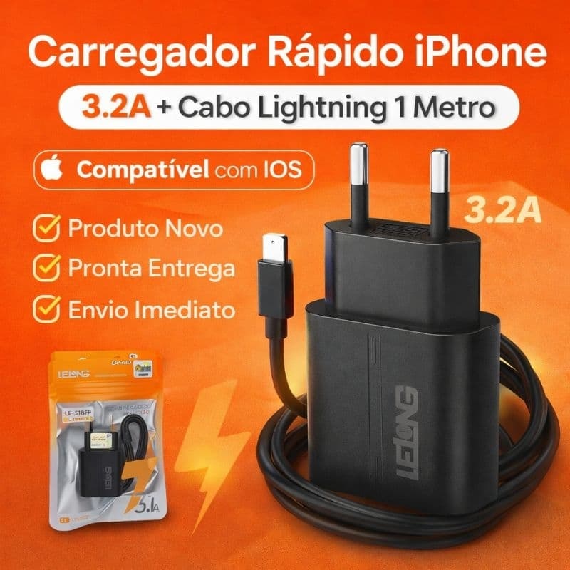 Carregador Rápido para iPhone 3.2A LeLong + Cabo iOS