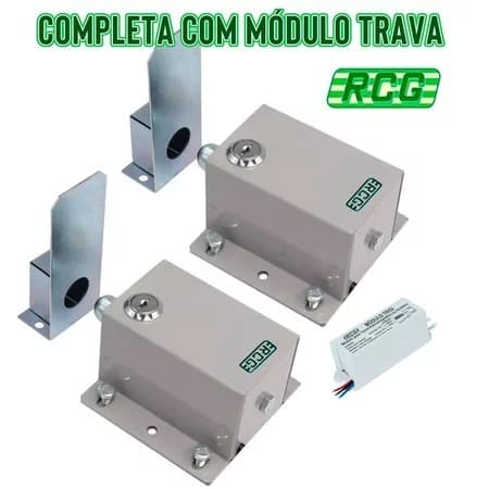 Kit 2x Trava de Portão COR CINZA RCG Completa C/ Modulo Trava Basculante Deslizante