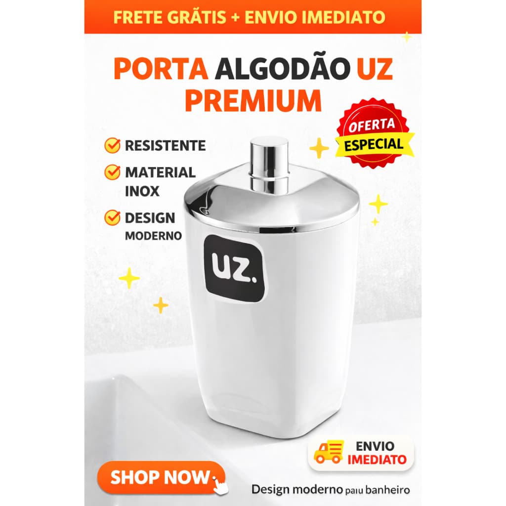 Porta Algodão UZ Premium Branco com Tampa Prata | Organizador de Algodão e Cotonete Banheiro Lavabo