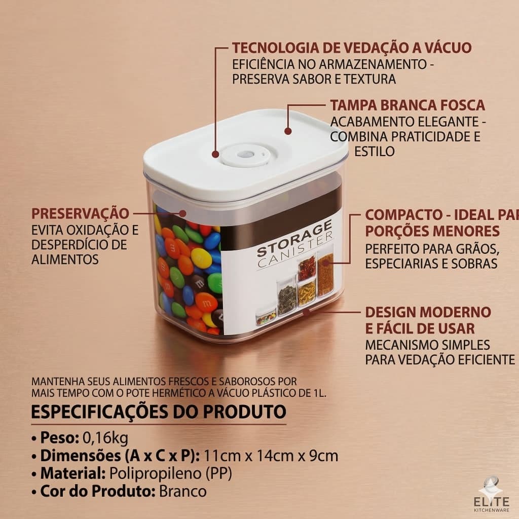 Pote Hermético Vácuo Plástico 1L Armazenamento Prático Seguro comida fresa Sem Vazamento