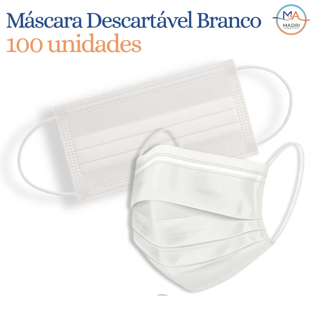 100 Máscara Descartável c/ Clipe Nasal Adulto | BRANCA de TNT - Tripla Camada