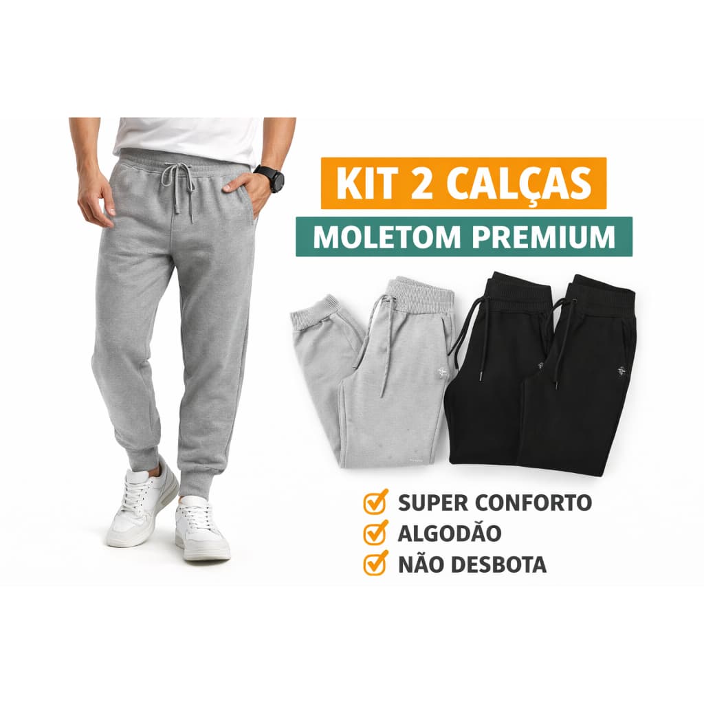 Kit ate 2 Calça Moletom Jogger Unissex Masculina Feminina Bolso Cordão Academia Casual