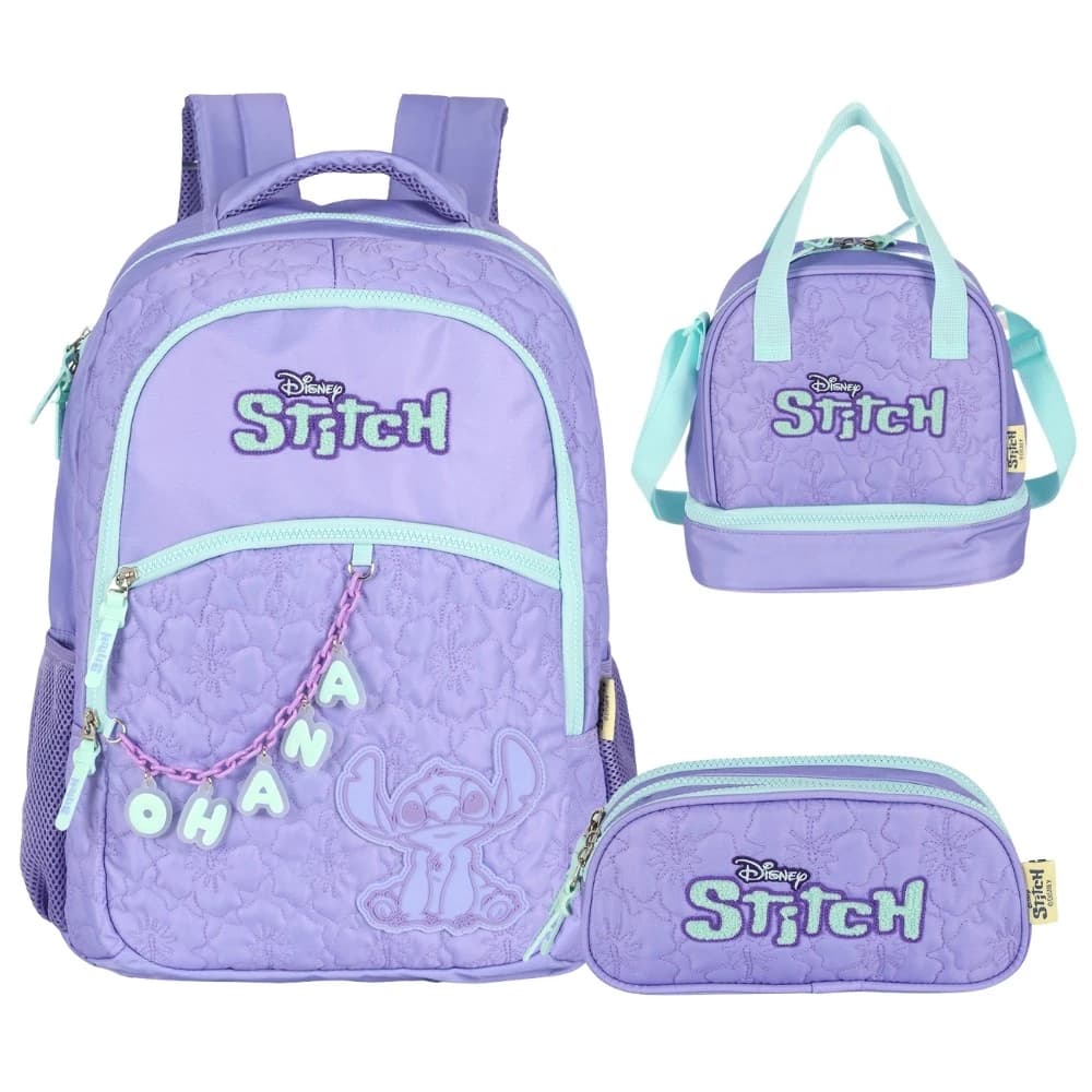Kit Mochila De Costas Stitch Ohana Lancheira Estojo Roxo
