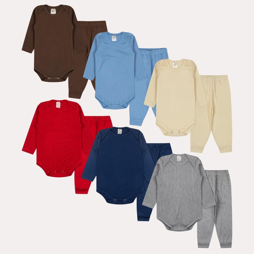 Conjunto Bebê Ribana Canelada Body Manga Longa + Calça Conforto Diário Sacola Top
