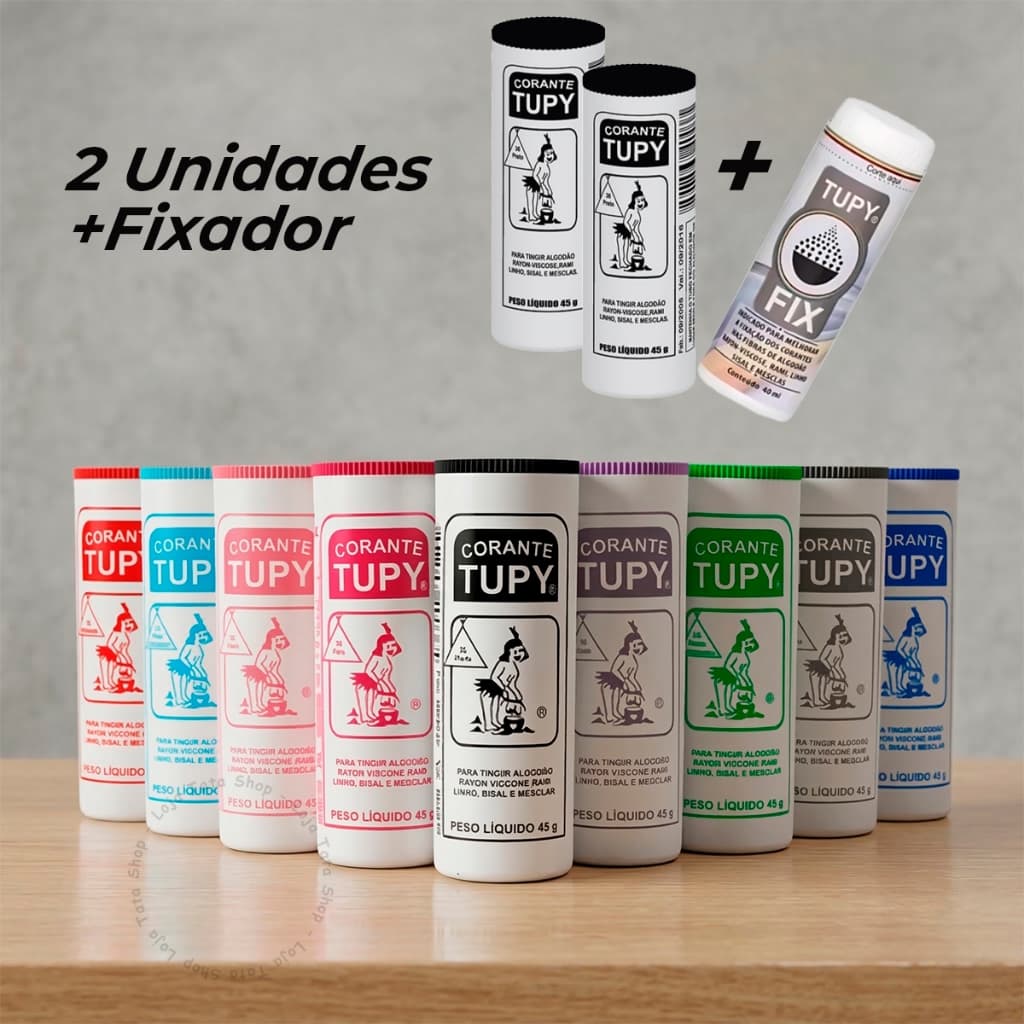 Kit 2 Tinta Corante + Fixador Cores Diversas Tupy 45 Gramas Para Tingir Roupa Tecido Alta Fixação