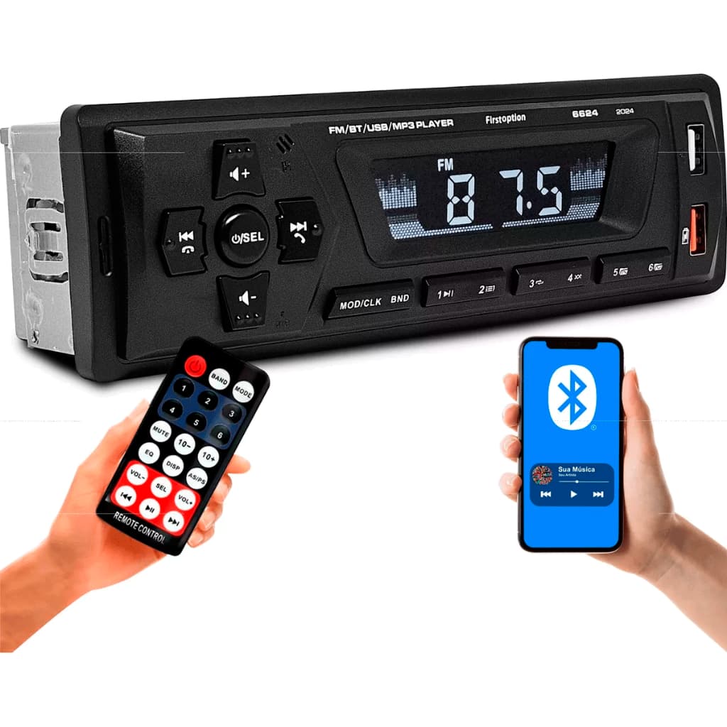 Rádio MP3 Player Bluetooth 1 Din Universal Som Automotivo USB LED First Option 6624
