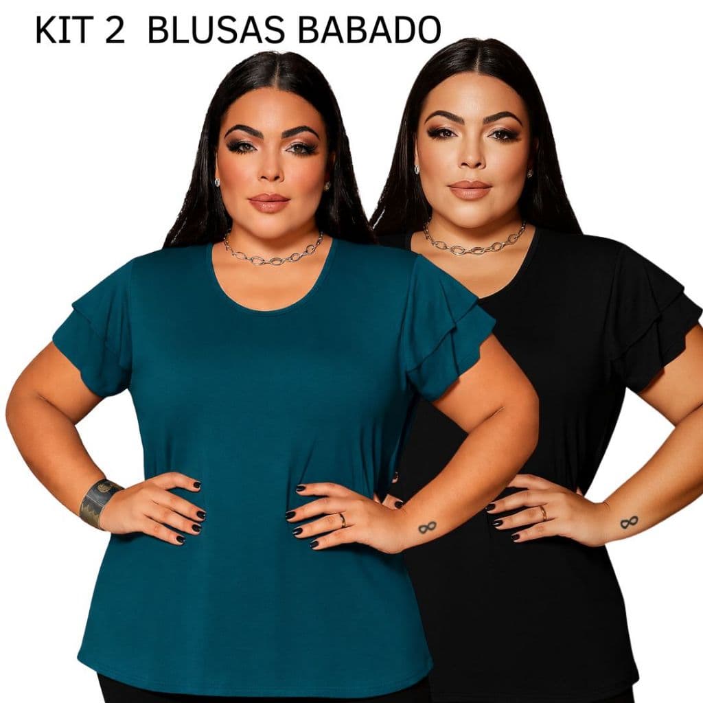 Kit 2 Blusas Plus Size Feminina Viscolycra Com Babado na Manga Conforto E Estilo
