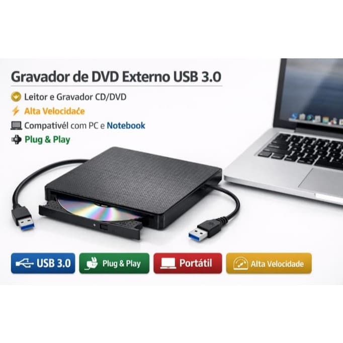 Gravador e Leitor de DVD Externo USB 3.0 Portátil para PC e Notebook | Drive Óptico CD/DVD Plug & Play Alta Velocidade