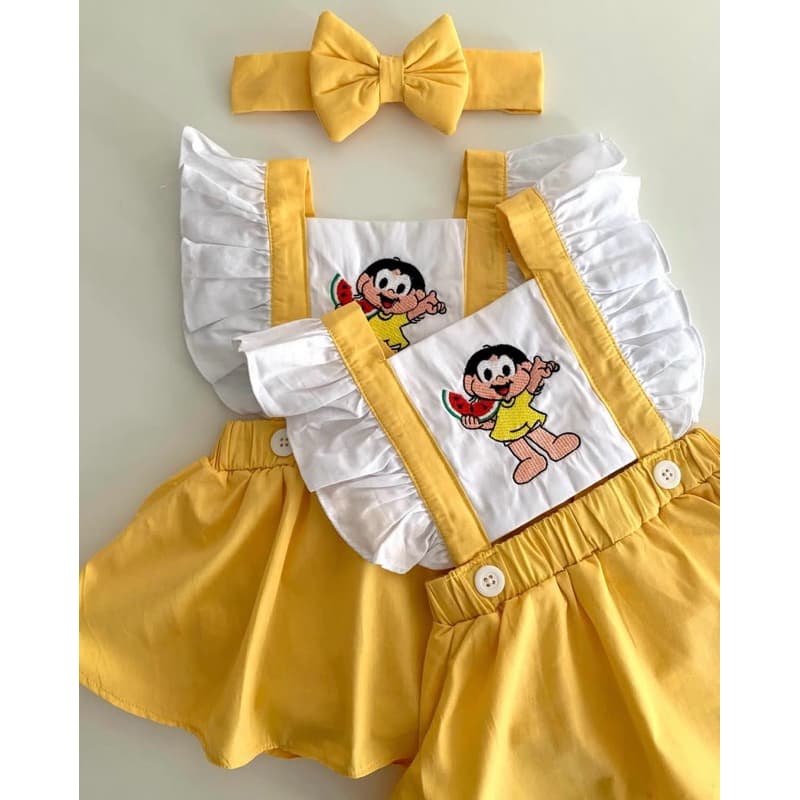Jardineira Romper Body temático Magali Melancia + Faixa de Cabelo menina bebê