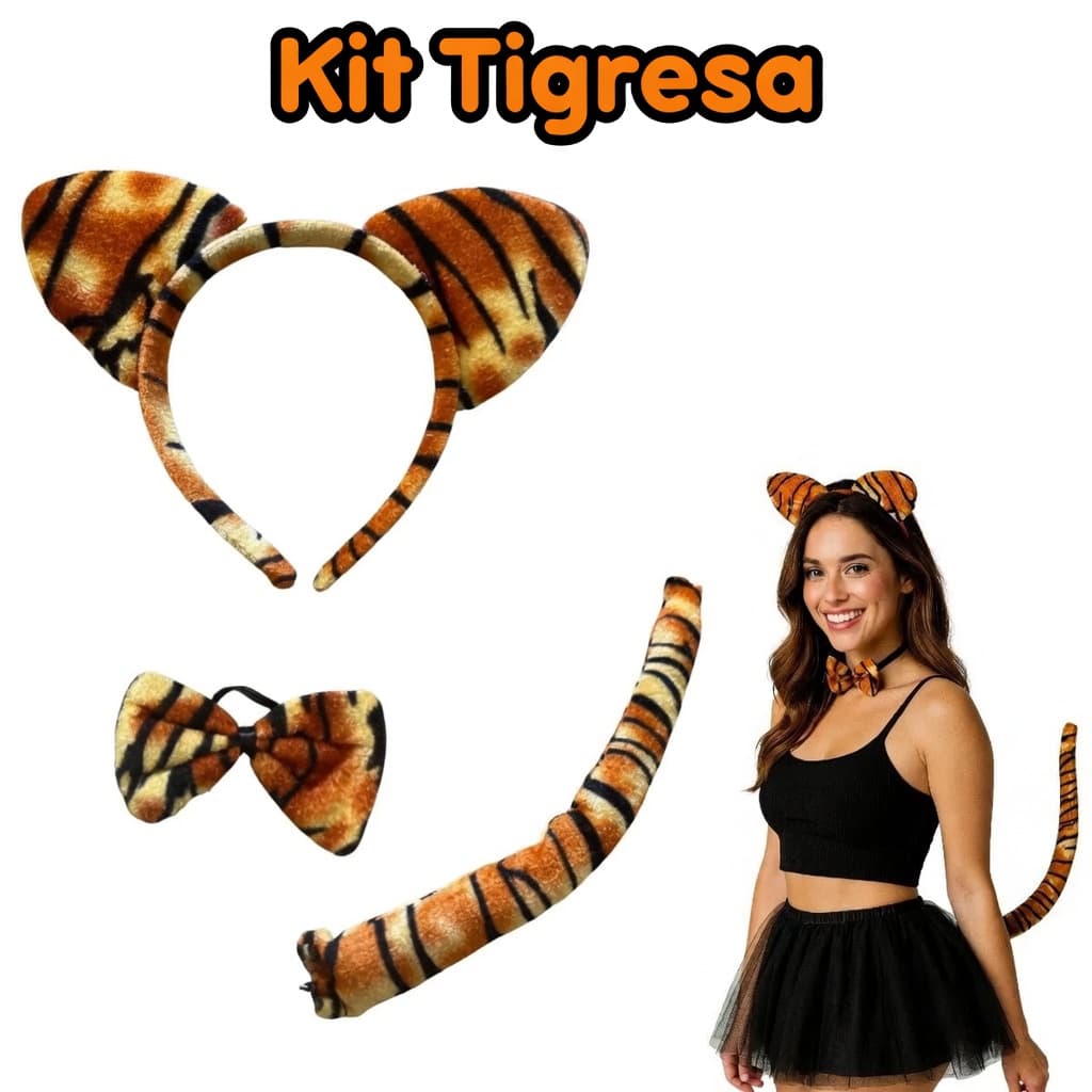 Kit C/3 Fantasia Animal Tiara + Rabo + Gravata Festa Carnaval Tigresa