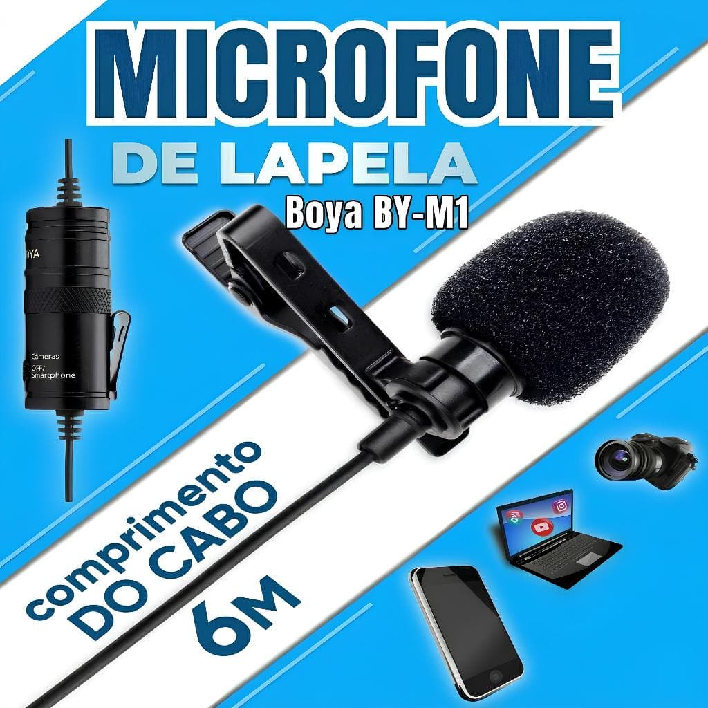 Microfone de Lapela Boya BY-M1 Áudio Profissional Condensador Omnidirecional Câmeras e Smartphones