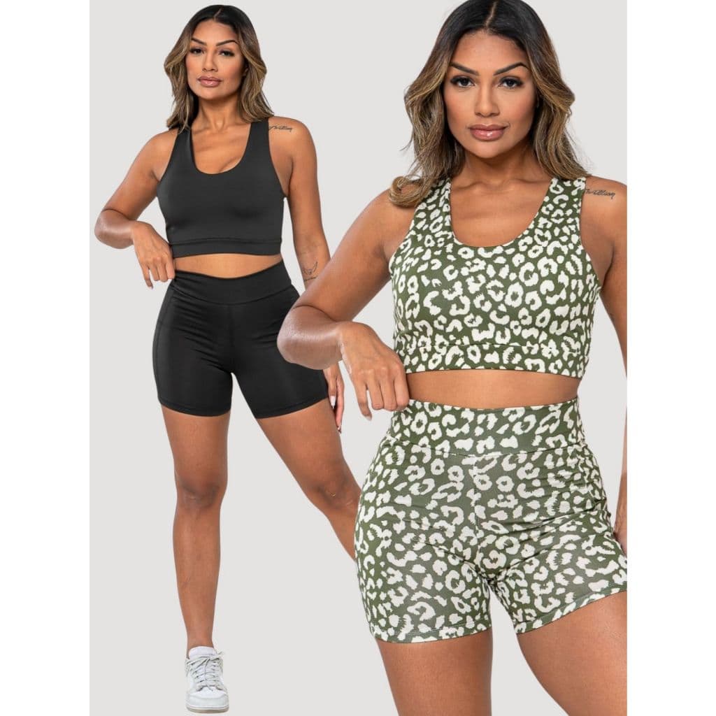 Kit 2 Conjuntos Virginia Fitness Feminino Top + Short Cintura Alta Academia Musculação Treino Crossfit Confortável