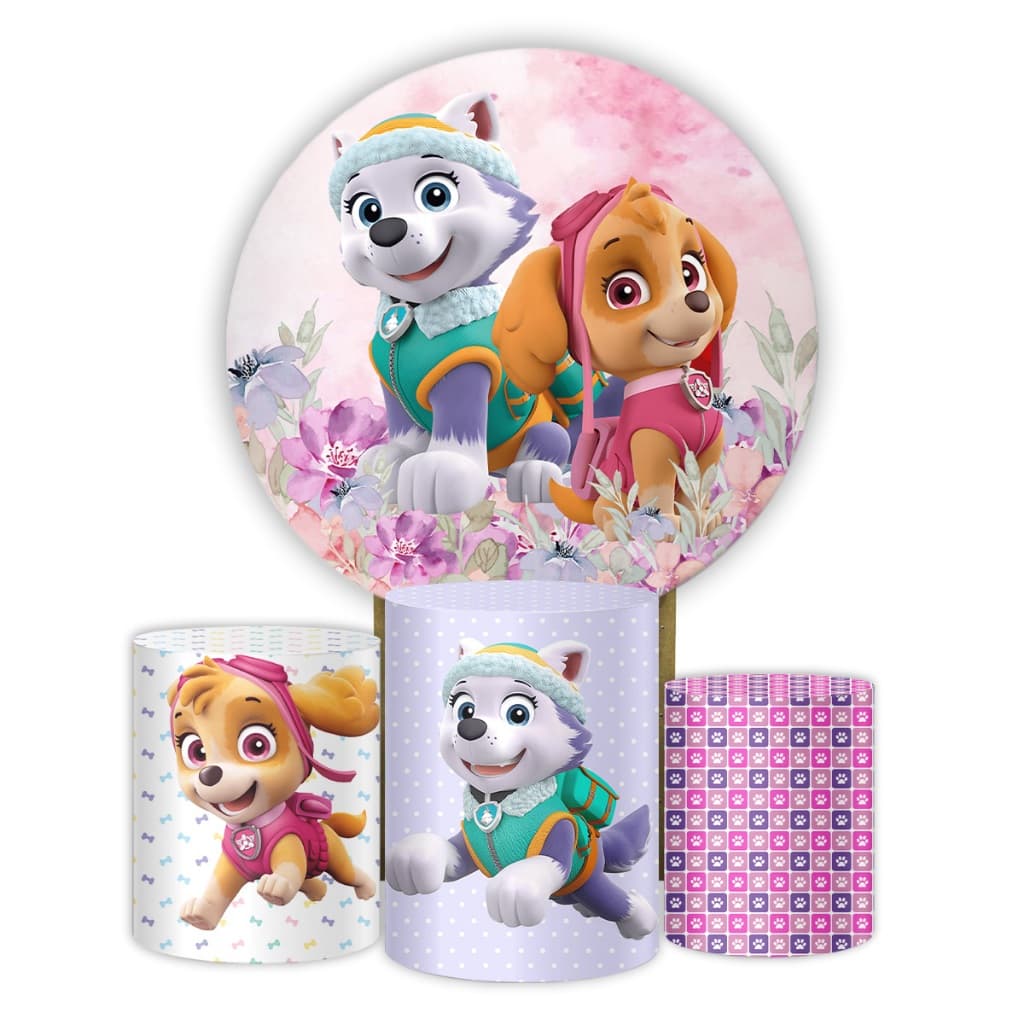 Capas de Painel Redondo + Cilindro Decoração Tema Patrulha Canina Skye e Everest Kit Festa Infantil