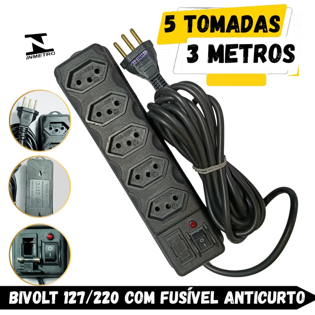 Filtro de Linha 5 Tomadas Tripolar 10A Tamanho Completo 3 Metros Com Fusível de Proteção 3A