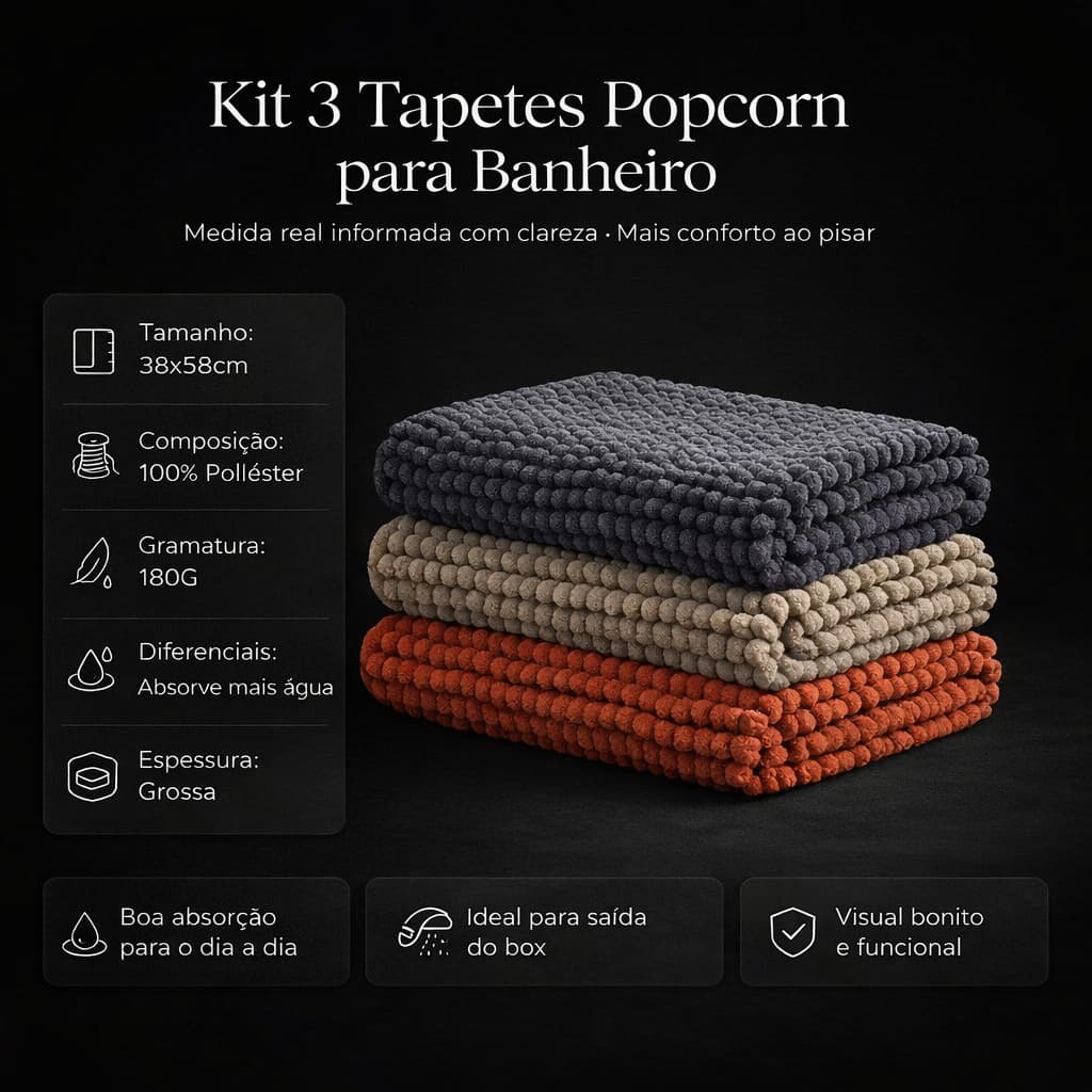 Kit 3 Tapetes Bolinha Popcorn Banheiro Antiderrapante Macio