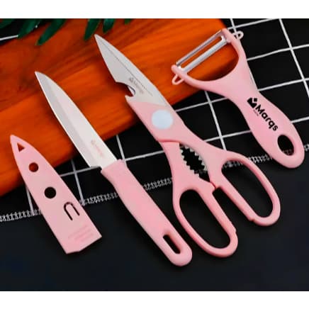 Kit Cozinha 4 Peças Inox Faca Tesoura Descascador Tábua