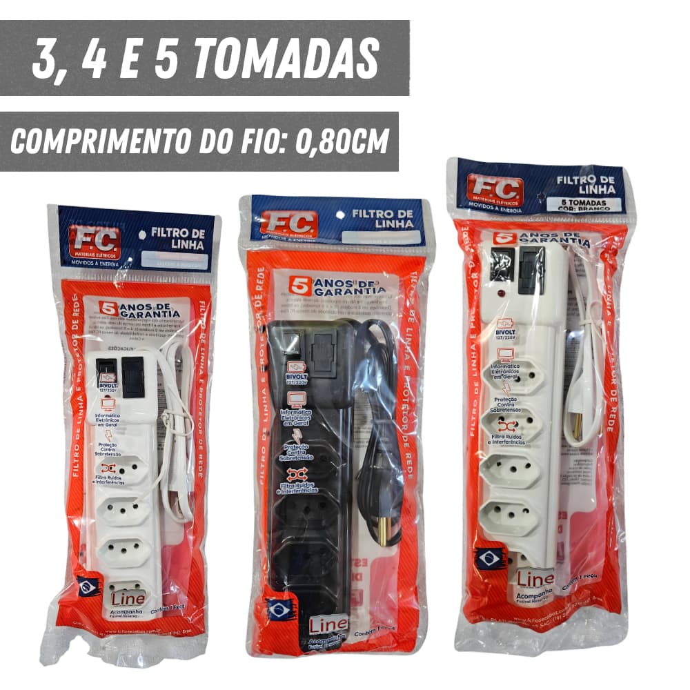 Filtro de Linha Bivolt 3, 4 e 5 Tomadas com Fusível - Cabo 80 Centímetros | Extensão Régua Elétrica