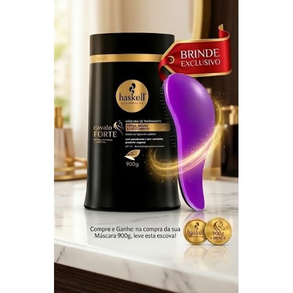 Máscara Cavalo Forte Haskell 900gr - Força Crescimento Nutrição , Escova