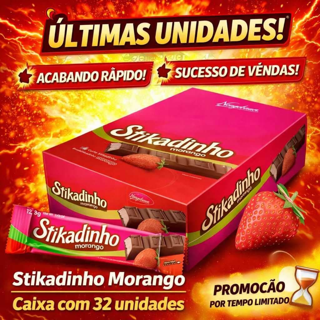 Chocolate Stikadinho Morango 32 Unidades Super Cremoso Ideal Revenda