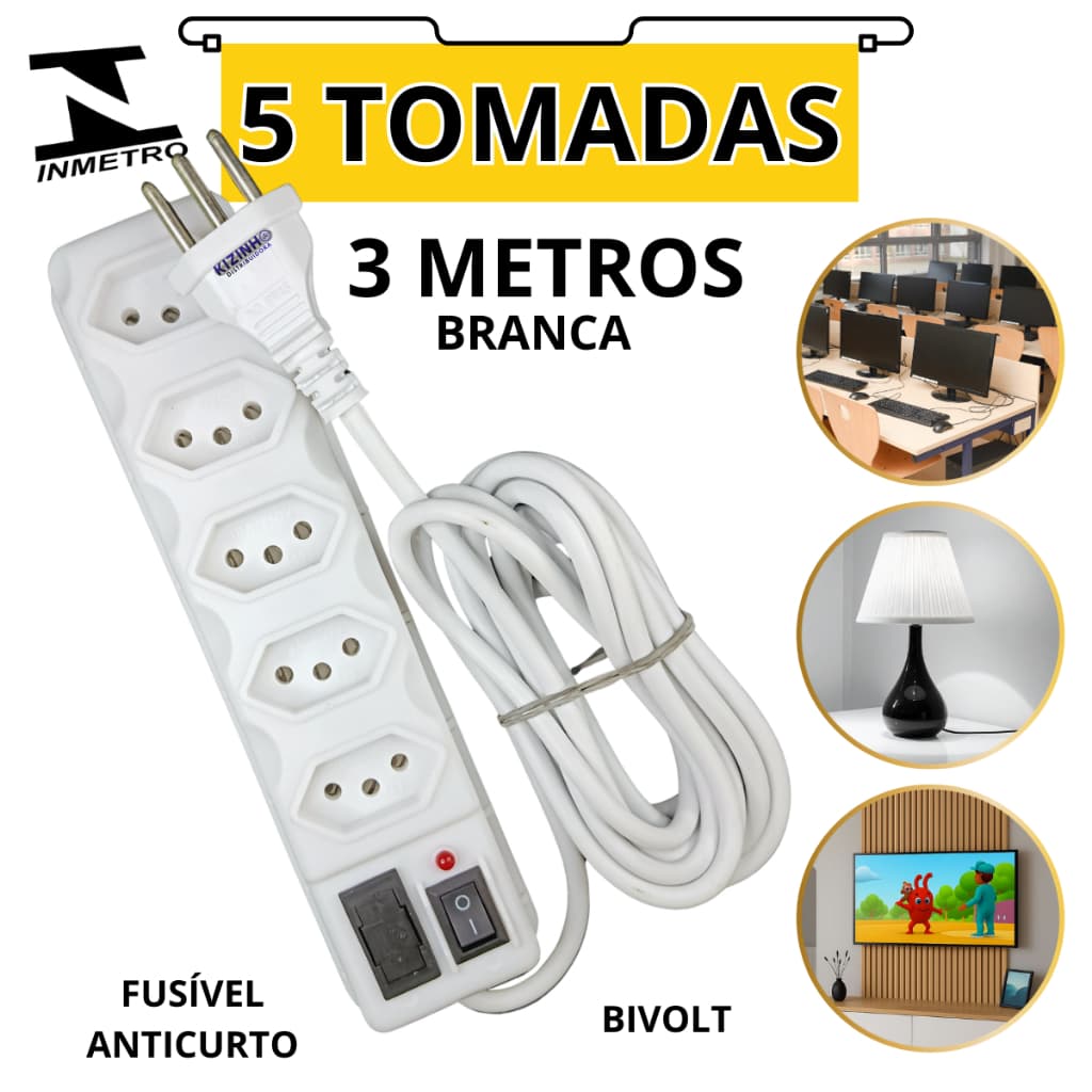 Filtro de Linha 5 Tomadas Tripolar 10A 3 Metros Bivolt com Chave Liga/Desliga e Fusível 3A Proteção Anticurto