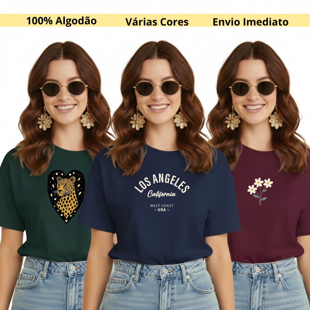 Kit 3 T Shirt Feminina 100% Algodão Estampada Camiseta Estilosa Onça Flor Escrito Brasil Envio Imediato