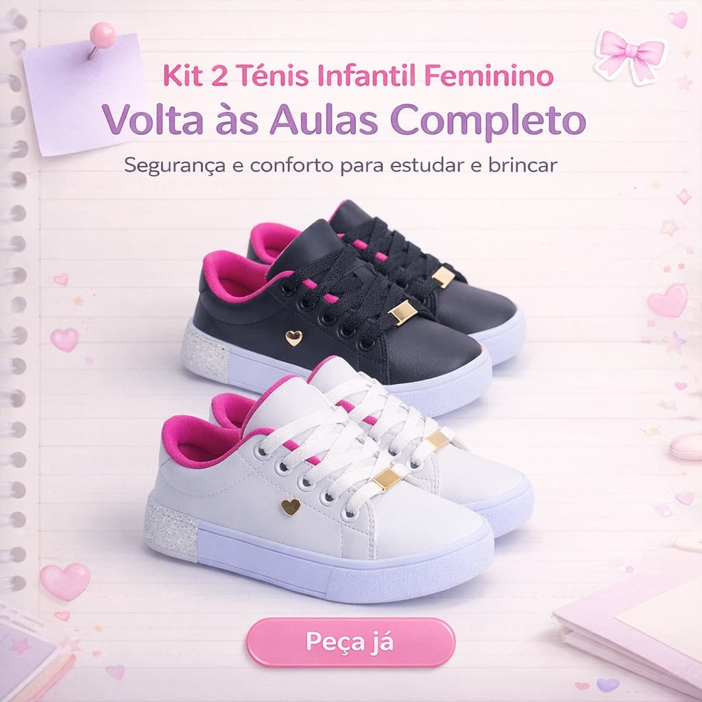 Kit 2 Tênis Infantil Menina Reforçado Durável Para Escola e Brincar 25 ao 33 Envio Rápido