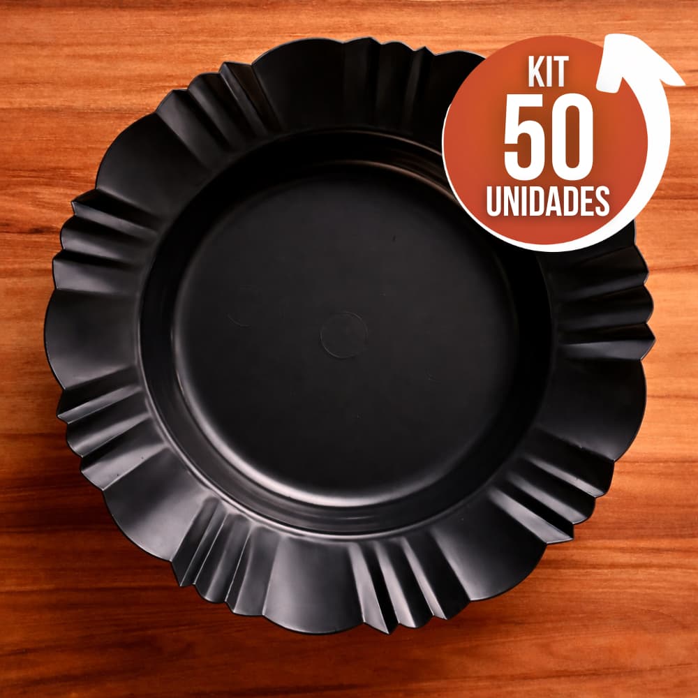 Kit 50 Pratos Fundos Redondos Preto Plástico com Borda Para Refeições