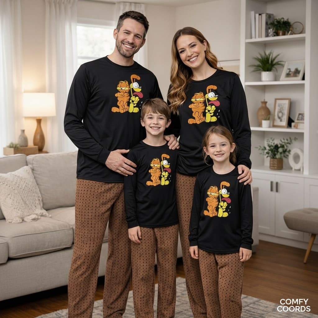 Kit Pijama Família Garfield Odie Longo Mãe Pai Filho Infantil Conjunto Inverno Confortável