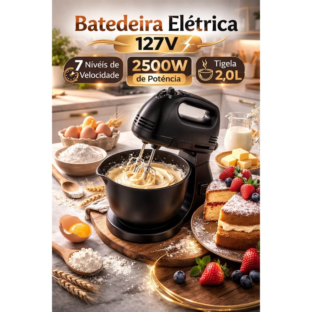 Batedeira Elétrica 127V com Balde 2L Preta, portátil, bolo, 7 velocidade funcional praticidade profissional massas