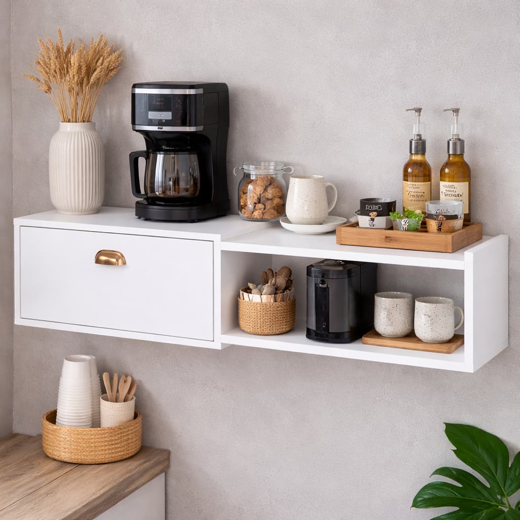 Aparador Suspenso Cantinho do café com Porta e Nicho organizador Moderno 120 cm