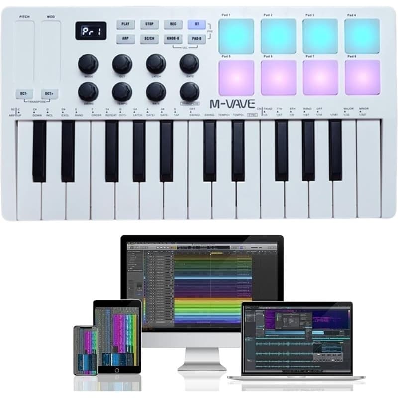 Controlador MIDI M-VAVE MK-25 25 Teclas Sensíveis e pads, USB Portátil Compatível com PC Android iOS Produção Musical