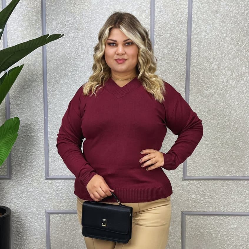 Suéter Feminino Tricô Lã Plus Size Gola V Moda Básico Frio