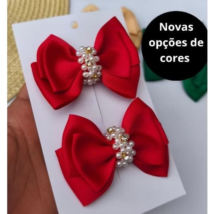 Parzinho de laços infantil luxo bordado com pérolas Laço elegante menina festa batizado natal dia a dia.