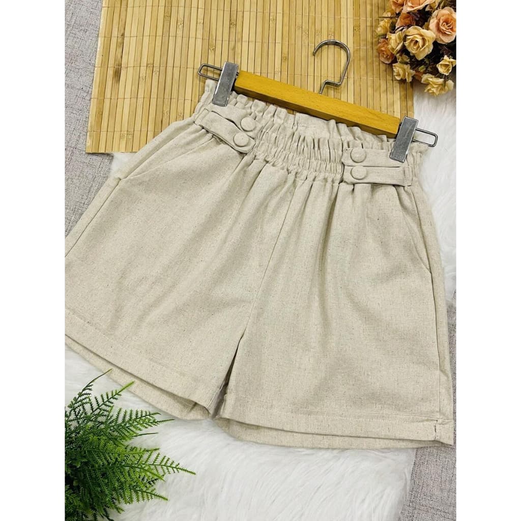 Short Linho Feminino Com Botões Forrados Elástico Com Bolso Tendencia 2026