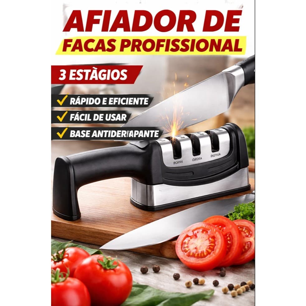 Afiador de Facas Profissional 3 Estágios Amolador Cozinha Antiaderente Rápido e Fácil
